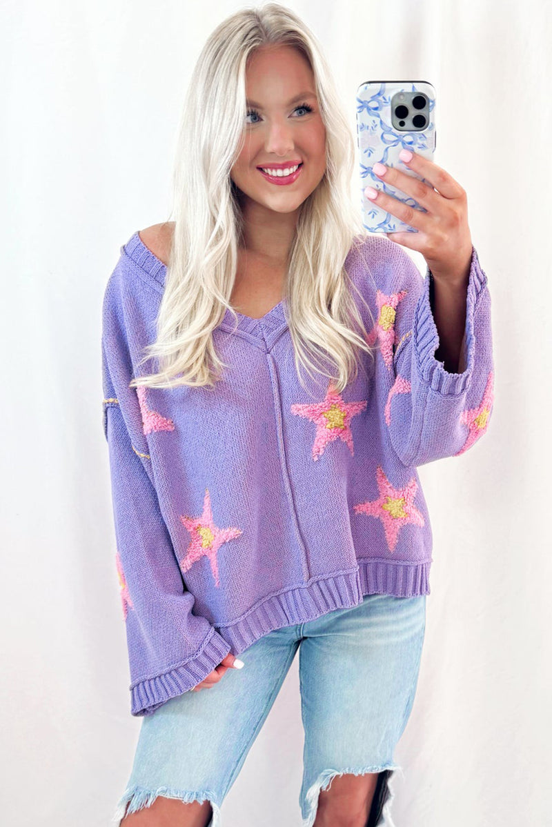 Lavendula Brushed Star Graphic V Neck Drop Shoulder Oversize Sweater