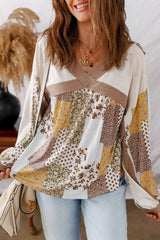 White Floral Print Patchwork Long Sleeve Top