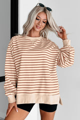 Khaki Stripe Ribbed Band Seam Detail Baggy Sweatshirt