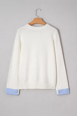 White Plaid Heart Embroidered Cuffed Drop Shoulder Crew Neck Sweater