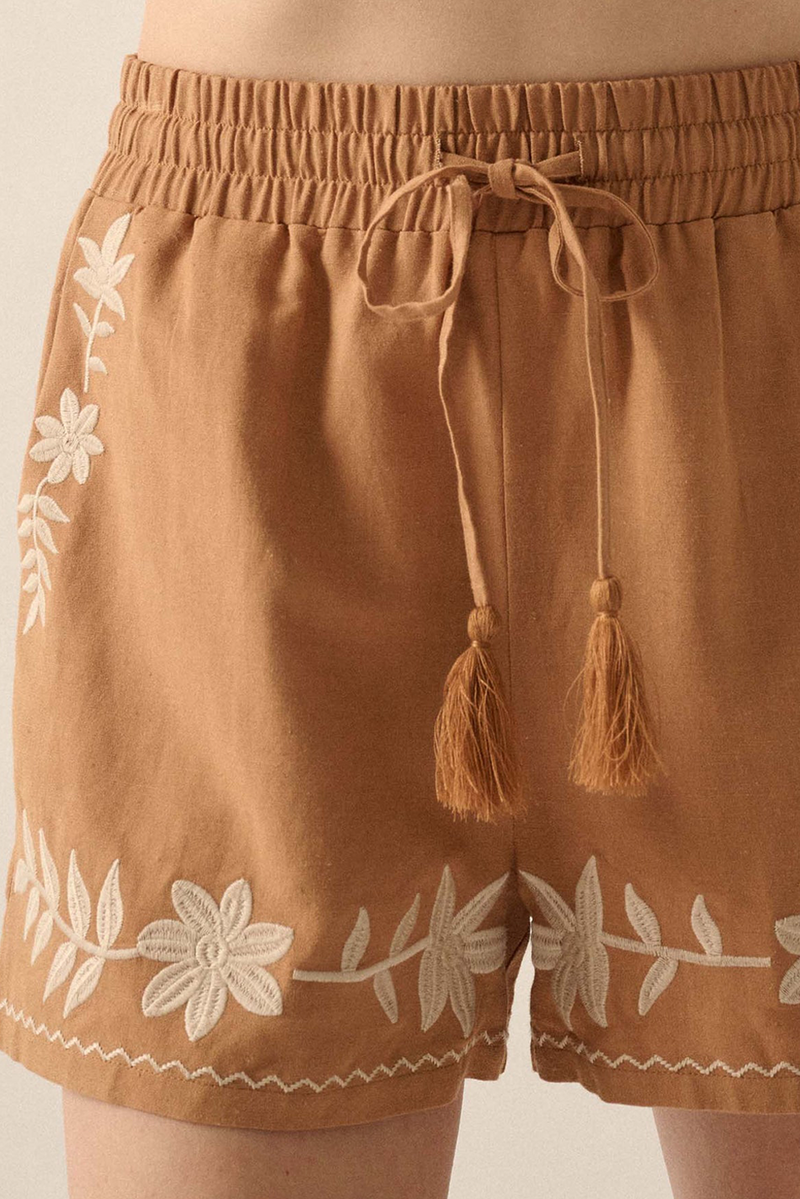 Khaki Embroidered Tassel Tie Elastic Waist Shorts