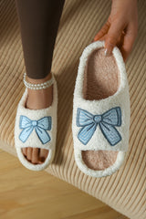Light Blue Embroidered Bow Open Toe Fuzzy Slippers
