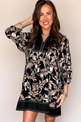 Black 3/4 Sleeve Botanical Print Split Neck Loose Mini Dress