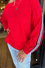 Fiery Red Side Striped Round Neck Sweatshirt