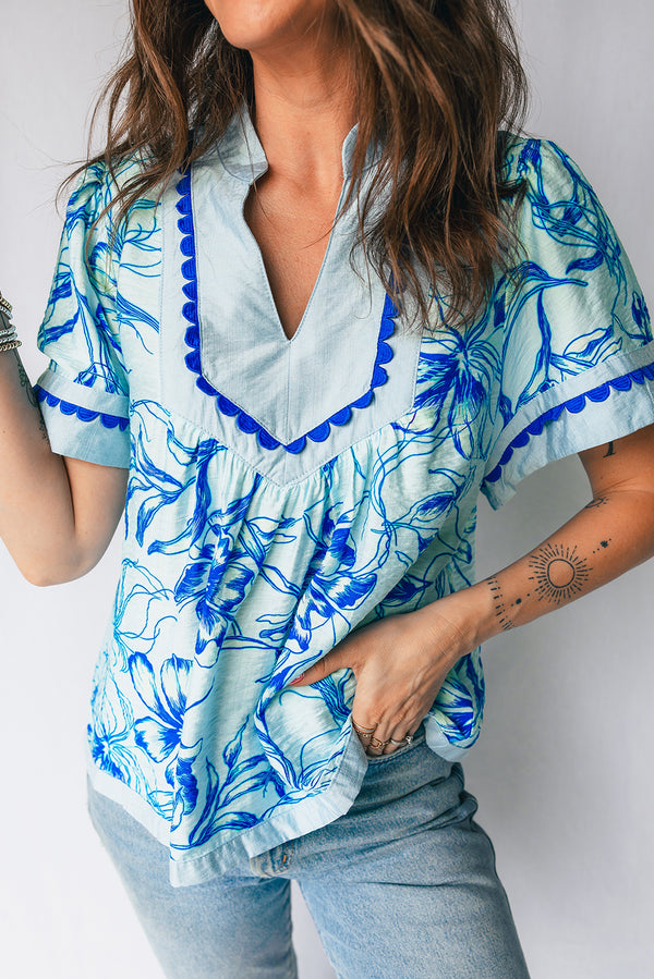 Sky Blue Ricrac Trim Slit V Neck Short Sleeve Floral Blouse