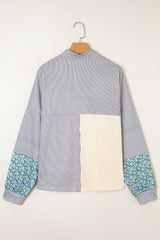Beige Floral Striped Patchwork Drop Sleeve Boxy Fit Sweatshirt