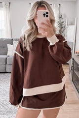 Rose Red Contrast Trim Loose Pullover and Lace-up Waist Skirt Set
