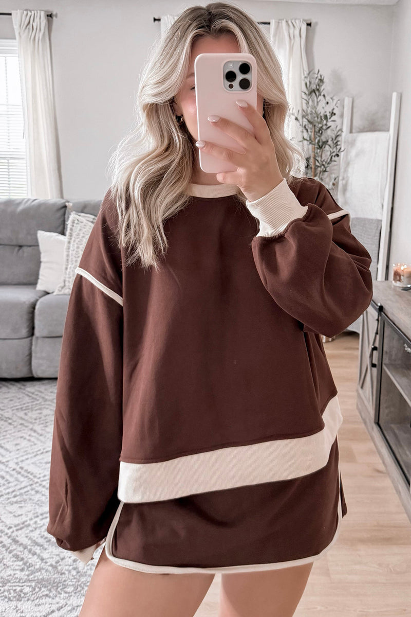 Rose Red Contrast Trim Loose Pullover and Lace-up Waist Skirt Set