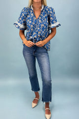 Blue Floral Print Button Tie Neck Striped Detail Short Sleeve Blouse