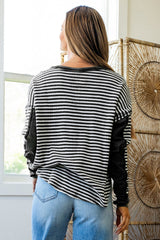 Black Stripe Patchwork Drop Shoulder Round Neck Top