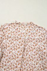 Khaki Printed Floral Print Lace Detail Puff Sleeve Fall Shirt