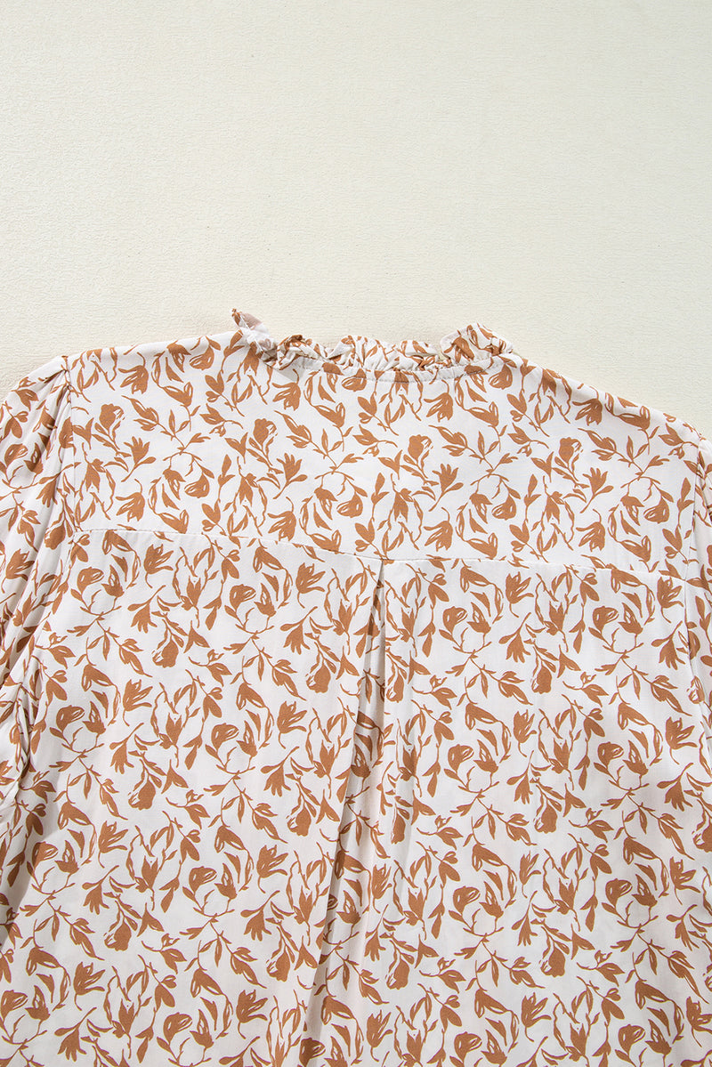 Khaki Printed Floral Print Lace Detail Puff Sleeve Fall Shirt
