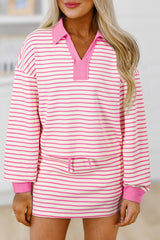 Pink Stripe Collared V Neck Drop Shoulder Pullover and Skirt Set