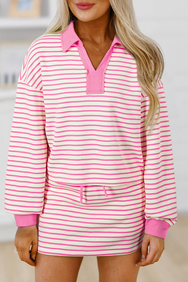 Pink Stripe Collared V Neck Drop Shoulder Pullover and Skirt Set
