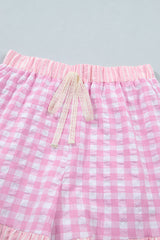 Sky Blue Gingham Print Ruffle Striped Detail Lace Tie Shorts