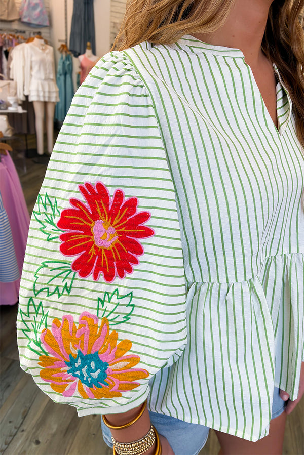 Green Stripe Flower Puff Sleeve Notch Neck Babydoll Blouse