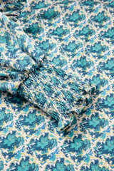 Green Abstract Print Shirred Cuff Puff Sleeve Blouse