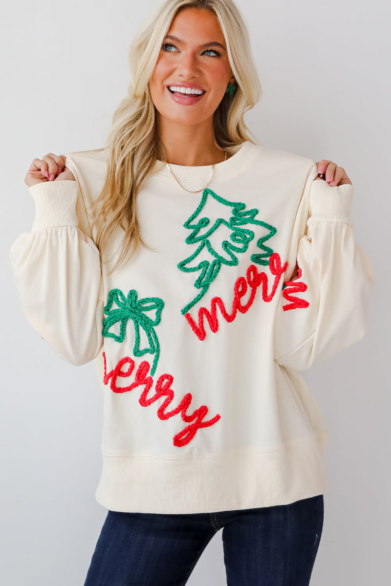 Beige Corded Christmas Pattern Oversize Sweatshirt
