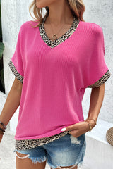 Bright Pink Leopard Patchwork Corded Texture V Neck T Shirt