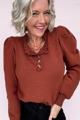 Clay Button Ruffle Neck Solid Color Knit Sweater