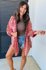 Red Plaid Long Sleeve Distressed Hem Shirt