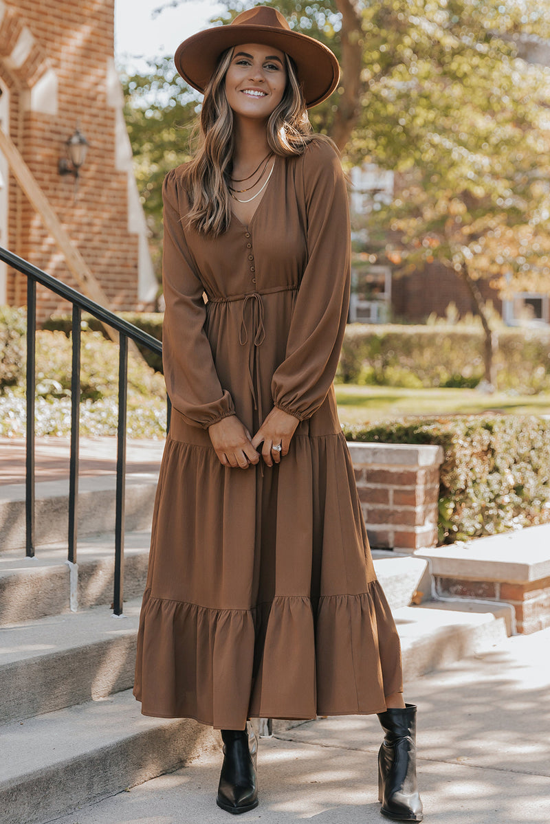 Chestnut Solid Long Sleeve Button V Neck Tiered Maxi Dress