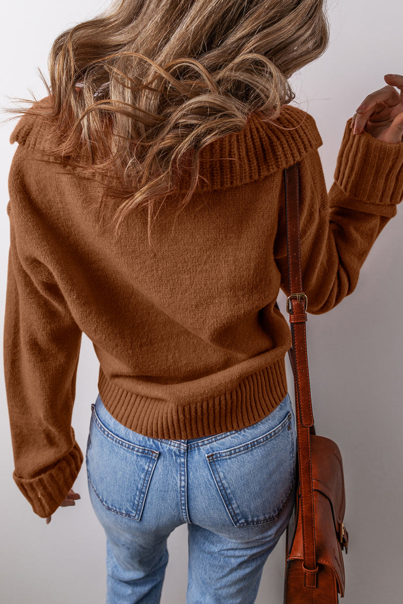Racing Red Ribbed Edge Collared V Neck Loose Fit Sweater