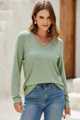 Grass Green Solid Color V Neck Long Sleeve Stretchy Top