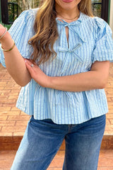 Sky Blue Stripe Bow Knot Textured Short Puff Sleeve Babydoll Blouse