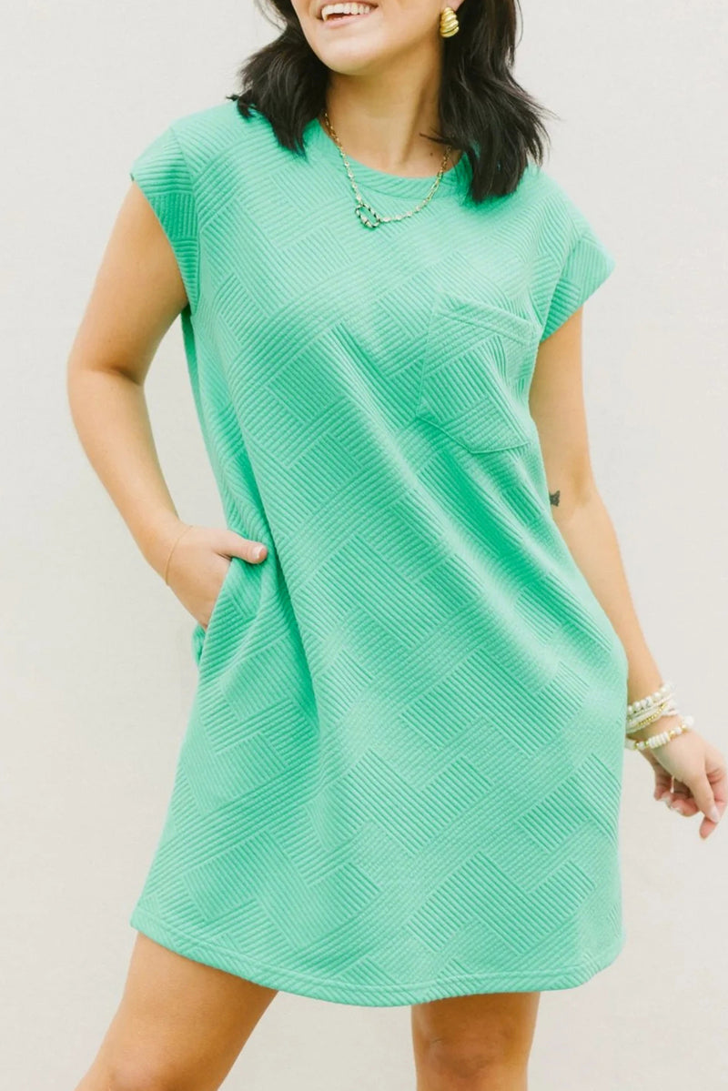 Black Plain Textured Pocketed Cap Sleeve Mini Dress