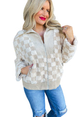 Khaki Checkered Sherpa Corduroy Patchwork Zip-up Collared Jacket