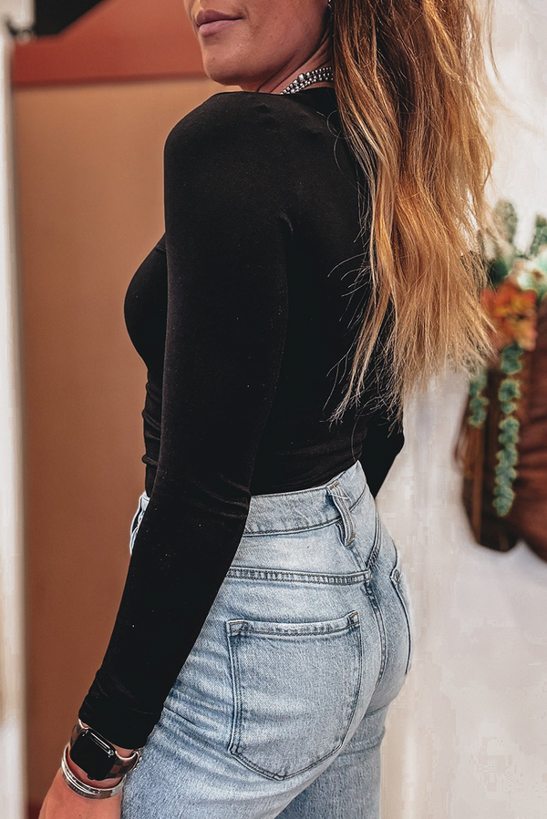 Black Solid Color Long Sleeve Slim Fit Top