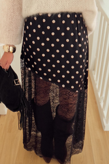 Black Asymmetric Polka Dot Print Sheer Lace Patchwork Maxi Skirt