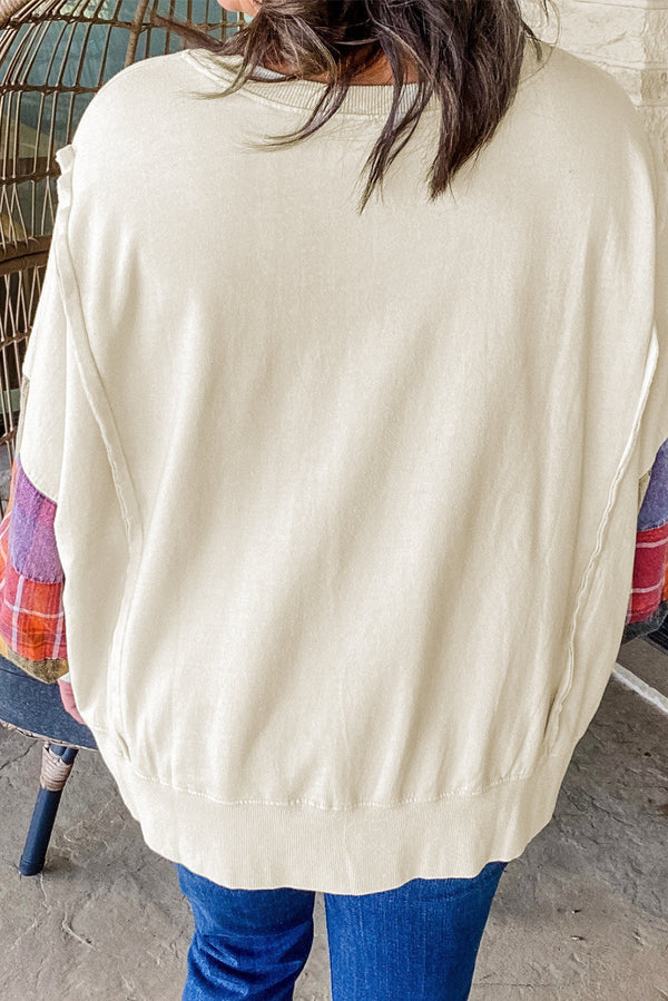 Beige Plus Size Plaid Patchwork Sleeve Pullover Top