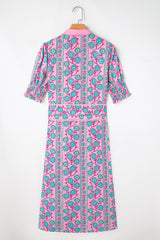 Pink Boho Floral Shirred Short Sleeve Belted Dress