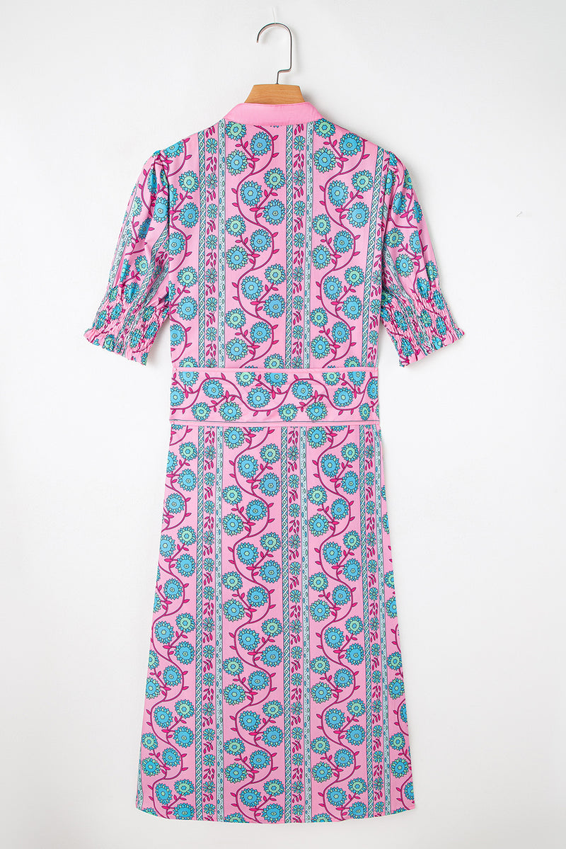 Pink Boho Floral Shirred Short Sleeve Belted Dress