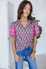 Sachet Pink Frill V-Neck Abstract Floral Print Puff Sleeve Top