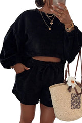 Black Textured Knit Drop Shoulder Pullover Drawstring Shorts Set