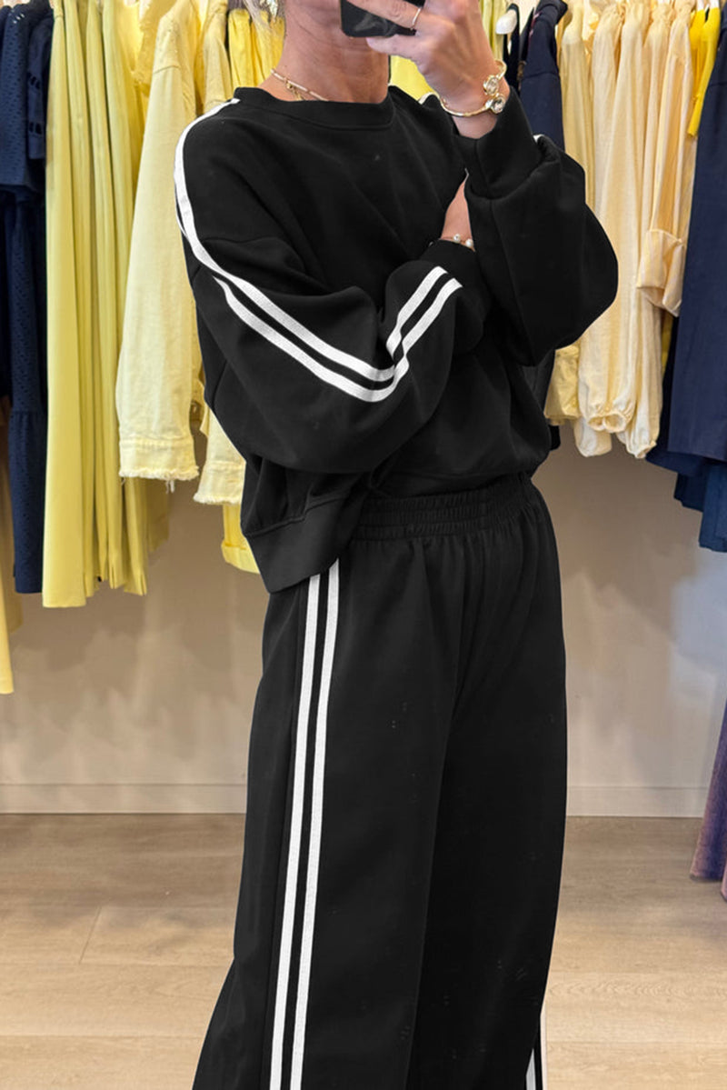 Oatmeal Varsity Striped Detail Cropped Pullover Wide Leg Pants 2pcs Outfit