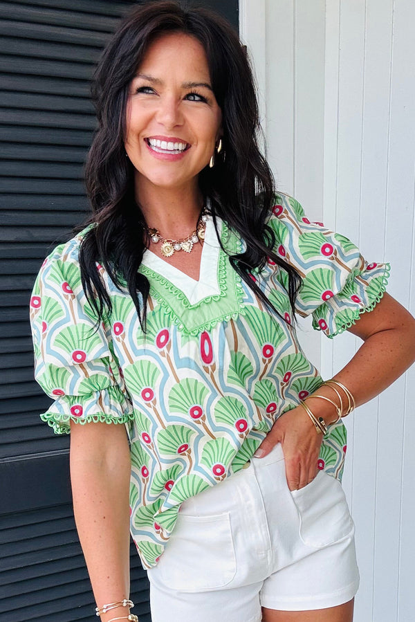 Green Floral Print Ricrac Trim Pop of Color V Neck Bubble Sleeve Blouse