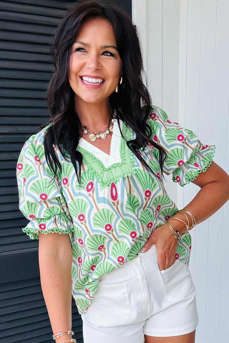 Green Floral Print Ricrac Trim Pop of Color V Neck Bubble Sleeve Blouse