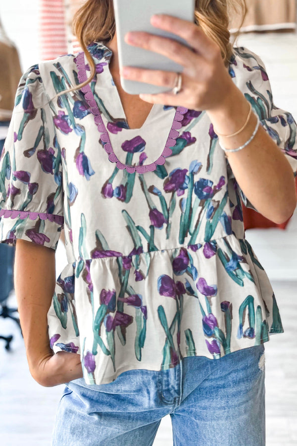 Purple Floral Ricrac Trim Puff Sleeve Peplum Blouse