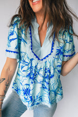 Sky Blue Ricrac Trim Slit V Neck Short Sleeve Floral Blouse