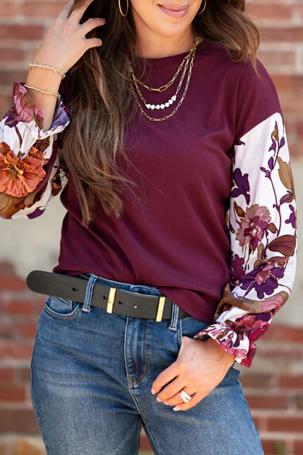 Wild Ginger Classic Floral Sleeve Patchwork Round Neck Blouse