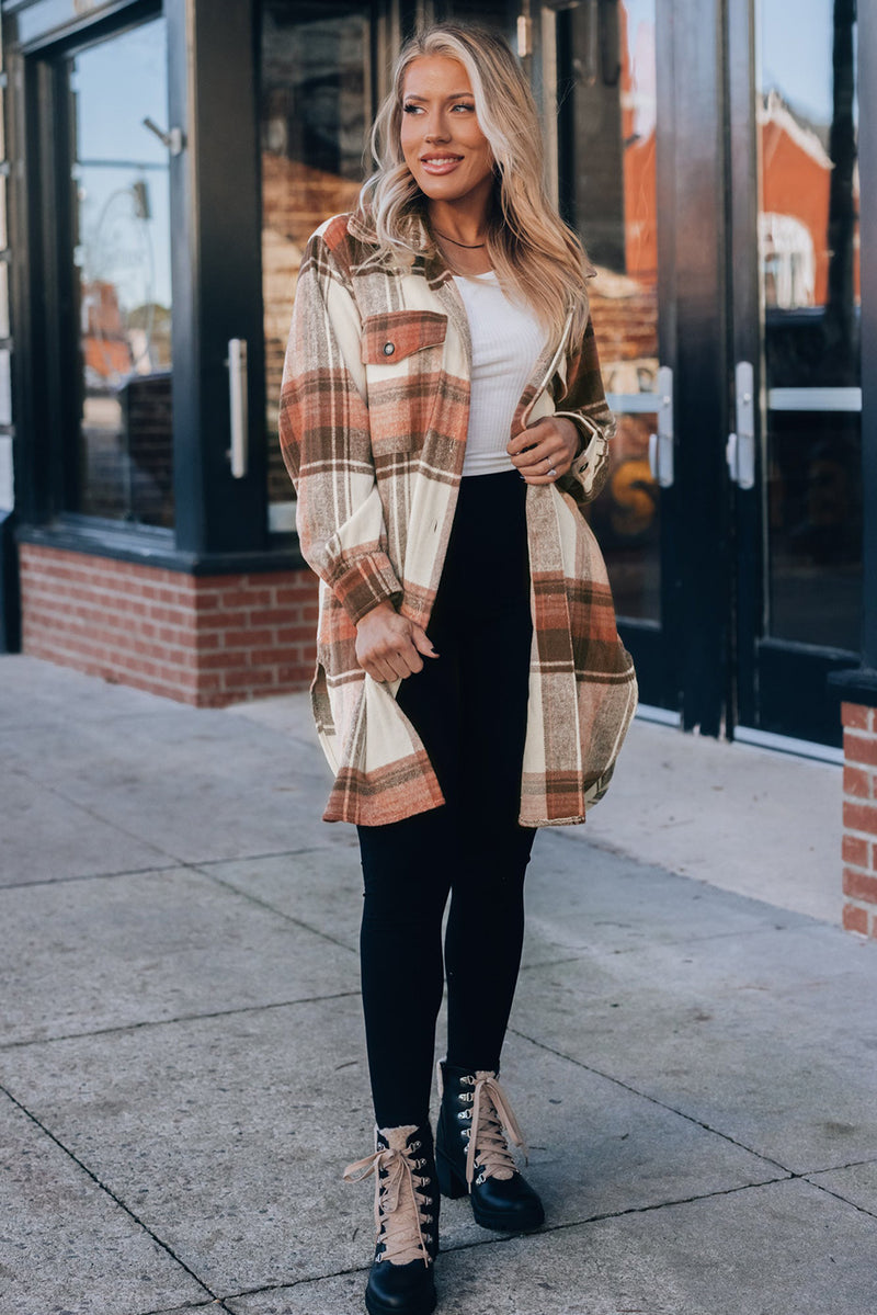 Brown Plaid Casual Button Up Long Shacket with Flap Pockets