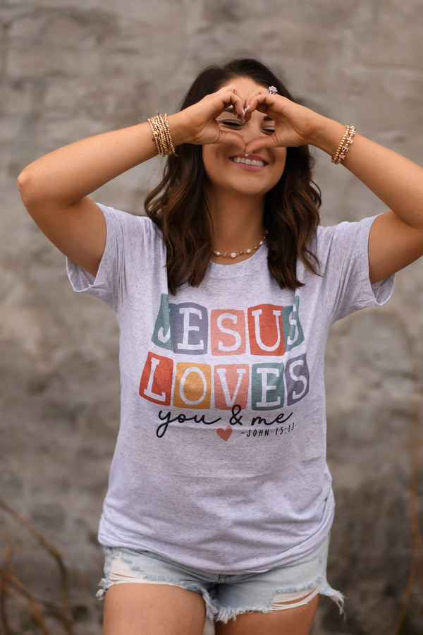 Jesus loves you and me ash tee