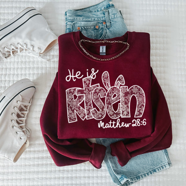 He is Risen - lace design on Maroon (sweatshirt or tee)