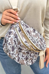 Medium Grey Abstract Marble Print Gold Chain Crossbody Bag