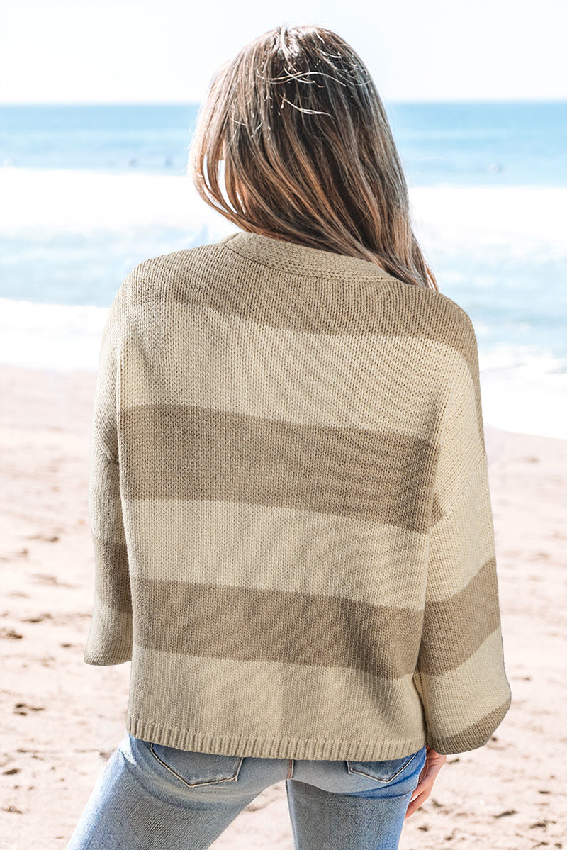 Khaki Striped Colorblock Bow Tie Front Knit Cardigan