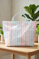 Blackish Green Glossy Striped Vinyl Large Tote Bag